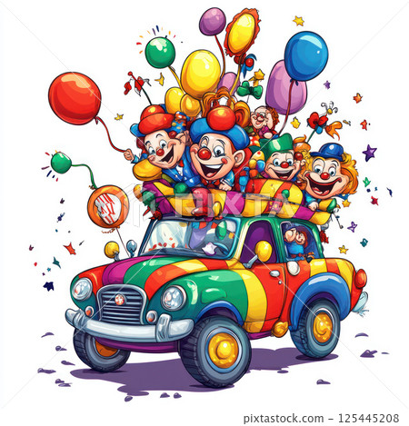 Joyful clowns in a colorful car with balloons. Joyful clowns in a colorful car with balloons. 125445208