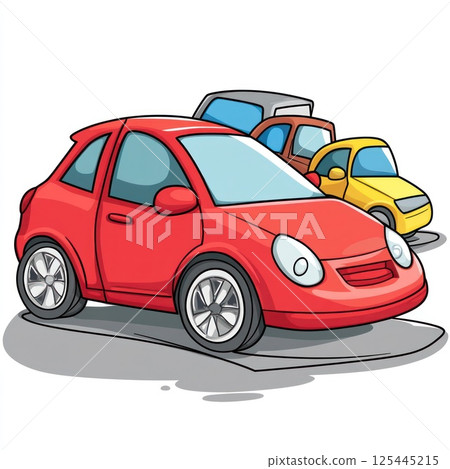 Cartoon cars parked in a row. 125445215