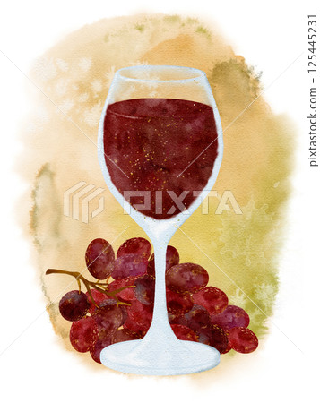 An Elegant Red Wine Glass Beautifully Depicted Alongside Grapes in a Watercolor Artistic Style An Elegant Red Wine Glass Beautifully Depicted Alongside Grapes in a Watercolor Artistic Style 125445231
