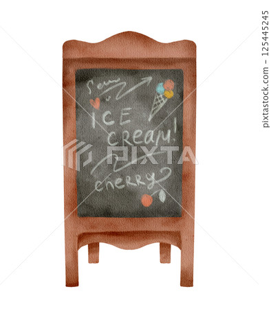 Chalkboard sign for an ice cream shop with a cherry illustration to attract customers Chalkboard sign for an ice cream shop with a cherry illustration to attract customers 125445245