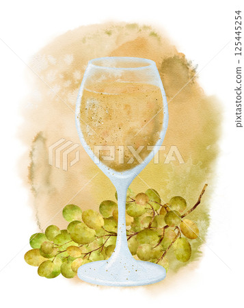 An Elegant White Wine Glass beautifully illustrated alongside Fresh Grapes in a stylish design 125445254