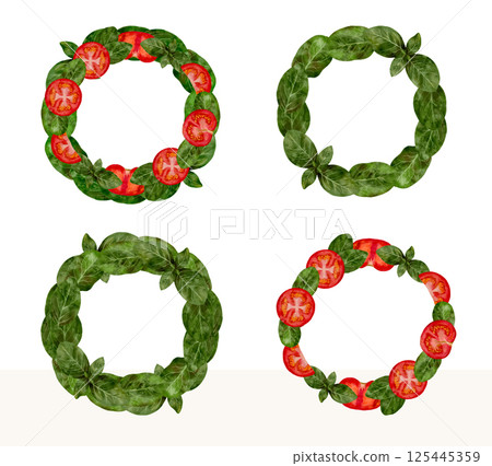Watercolor Tomato and Leaf Wreaths for artistic and botanical design with illustrations 125445359
