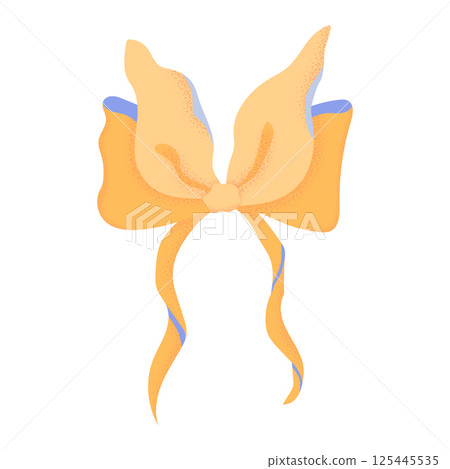 Yellow ribbon bow flat cartoon vector illustration. Coquette retro bowknot with dotted texture isolated on white background. Elegant trendy hair accessory, y2k party design, girly birthday decor 125445535