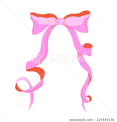 Cute ribbon bow vector illustration. Coquette curved pink bowknot isolated on white background. Trendy fashion style decor. Elegant retro hair accessory, party design, modern flat style with texture 125445536