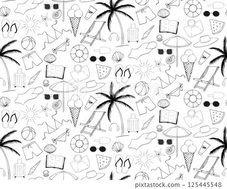 Tropical vacation seamless pattern with palm trees, chair, suitcase, swimwear etc. Vector graphic line ink Hand drawn minimal art background. Surface cover design. Fabric textile print. 125445548