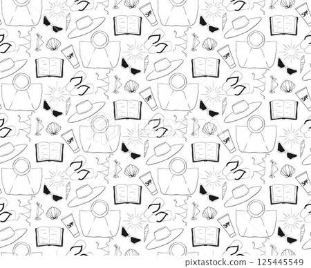 beach essentials seamless pattern. Vector graphic line ink illustration of book, sunglasses, bag, seashells, sunscreen cream. background for banners, print for fabric, labels, t-shirt printing. 125445549