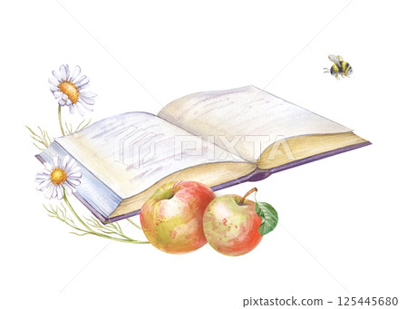 An open book with apples and a pair of daisies lying next to it is hand-drawn on a white background. Watercolor illustration. Isolated. Summer theme. Picnic. Relaxing in the garden. An open book with apples and a pair of daisies lying next to it is hand-drawn on a white background. Watercolor illustration. Isolated. Summer theme. Picnic. Relaxing in the garden. 125445680