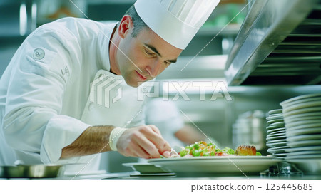 Focused chef plating gourmet dish in professional kitchen. 125445685