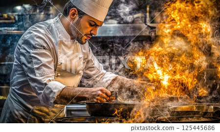 Chef cooking with fire in commercial kitchen. 125445686