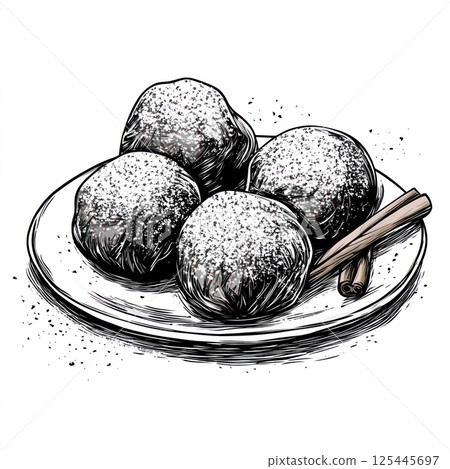 Four powdered sugar dusted pastries on plate with cinnamon sticks. 125445697
