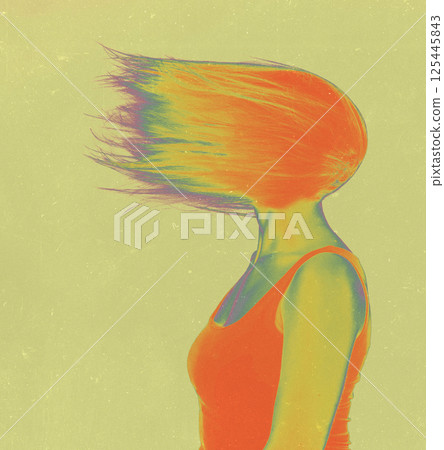 Abstract woman portrait with blowing hair on face in thermal vision style effect Abstract woman portrait with blowing hair on face in thermal vision style effect 125445843