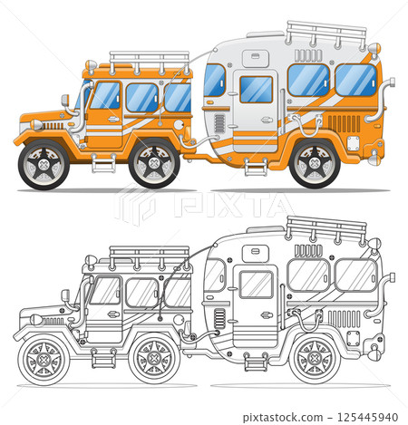 Camper trailer. Coloring. Side view. Isolated on white background. Vector illustration. Camper trailer. Coloring. Side view. Isolated on white background. Vector illustration. 125445940