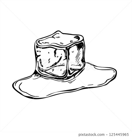 Monochrome ice cube melt in water puddle vector illustration black ink. Crystal freezer brick in clear liquid graphic sketch. For cocktail menus, food blogs, summer promotions, climate projects. 125445965