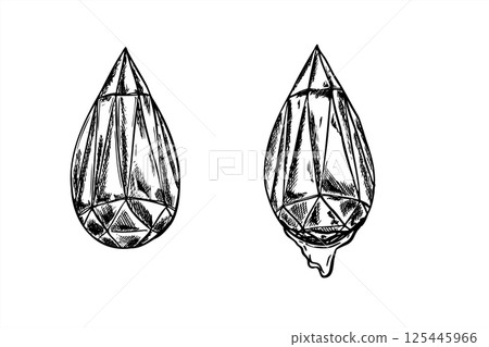 Glass crystal reflecting light vector isolated ink illustration. Etching drawing of ice drop with diamond facets with falling water drop. Glowing gemstones set for crystallography, skincare packaging. 125445966