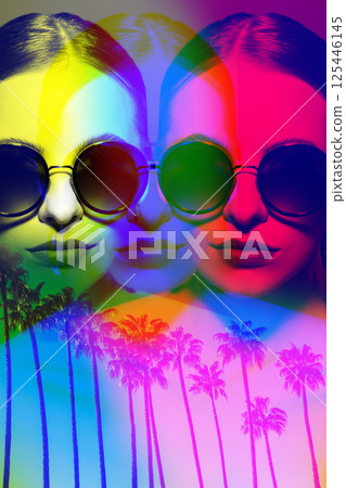 Woman face reflection and palm tree composition in RGB color split effect style 125446145