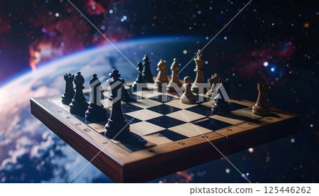 A chess board is floating in space with the pieces scattered around it 125446262