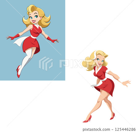 Vsai smiling stewardess walking and floating wearing red dress and white gloves Vsai smiling stewardess walking and floating wearing red dress and white gloves 125446286