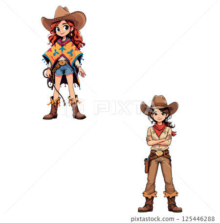 Vsai two cowgirls posing with lasso and crossed arms 125446288