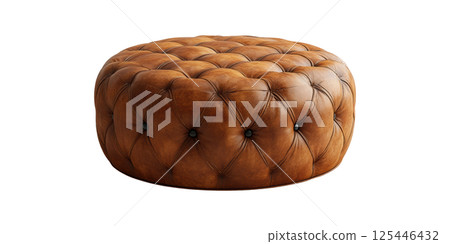 Round Brown Leather Ottoman With Tufted Design. Elegant Furniture Piece For Living Room Decor Isolated On Transparent Background Round Brown Leather Ottoman With Tufted Design. Elegant Furniture Piece For Living Room Decor Isolated On Transparent Background 125446432