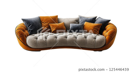 Luxurious Curved Sofa With Velvet Cushions. Modern Comfort And Style In Home Decor Isolated On Transparent Background 125446439