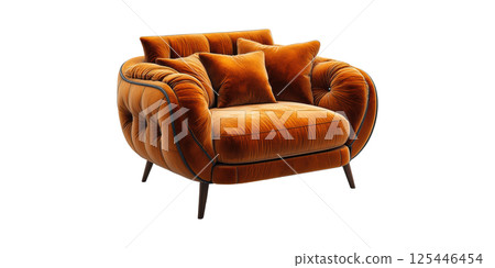 Luxurious Orange Velvet Armchair With Cushions. Elegant And Comfortable Seating For Modern Interiors Isolated On Transparent Background 125446454
