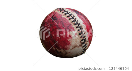 Worn Red Baseball With Stitches. Symbol Of Vintage Sports And Nostalgia Isolated On Transparent Background Worn Red Baseball With Stitches. Symbol Of Vintage Sports And Nostalgia Isolated On Transparent Background 125446504