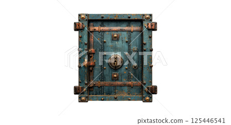 Antique Metal Vault Door With Rusted Details. Symbol Of Security And Historical Architecture Isolated On Transparent Background 125446541