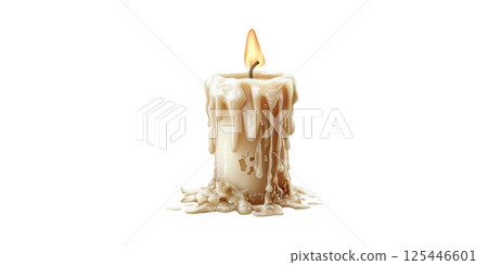 Melted Candle With Flickering Flame. Symbol Of Relaxation And Tranquility Isolated On Transparent Background Melted Candle With Flickering Flame. Symbol Of Relaxation And Tranquility Isolated On Transparent Background 125446601