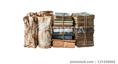 Bundles Of Vintage Books And Newspapers Tied With Twine. Historical Literature And Archival Preservation Isolated On Transparent Background 125446668