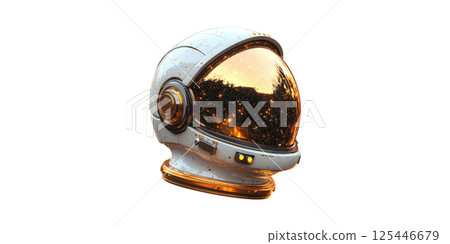 Astronaut Helmet With Golden Visor Reflecting Stars. Space Exploration And Futuristic Design Isolated On Transparent Background 125446679