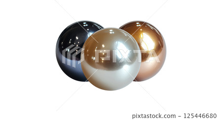 Three Metallic Spheres In Black, Silver, And Bronze. Reflective Surfaces And Modern Design Elements Isolated On Transparent Background 125446680