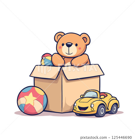 Vsai teddy bear emerging from cardboard box with toys 125446690