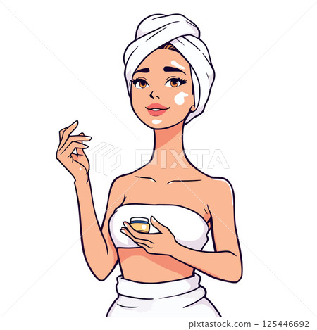 Vsai beautiful woman applying cream on her face after shower Vsai beautiful woman applying cream on her face after shower 125446692