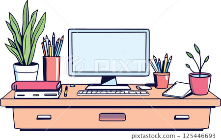Vsai modern office desk with computer and plants showing comfortable workspace Vsai modern office desk with computer and plants showing comfortable workspace 125446693