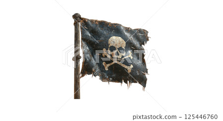 Tattered Pirate Flag With Skull And Crossbones. Symbol Of Adventure And Nautical History Isolated On Transparent Background Tattered Pirate Flag With Skull And Crossbones. Symbol Of Adventure And Nautical History Isolated On Transparent Background 125446760