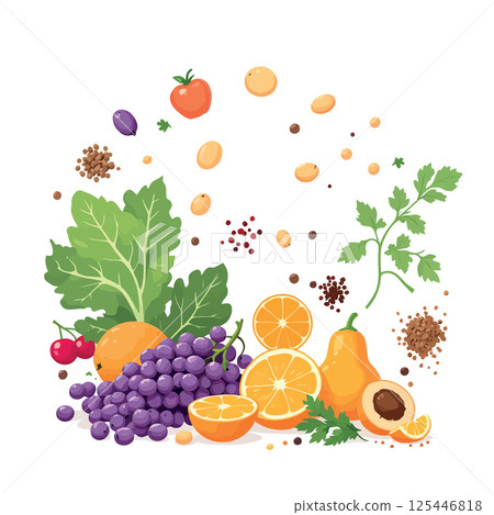 Vsai fresh fruits, vegetables, legumes and spices promoting healthy eating habits 125446818