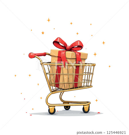 Vsai shopping cart carrying a gift box with red ribbon for special occasions Vsai shopping cart carrying a gift box with red ribbon for special occasions 125446921