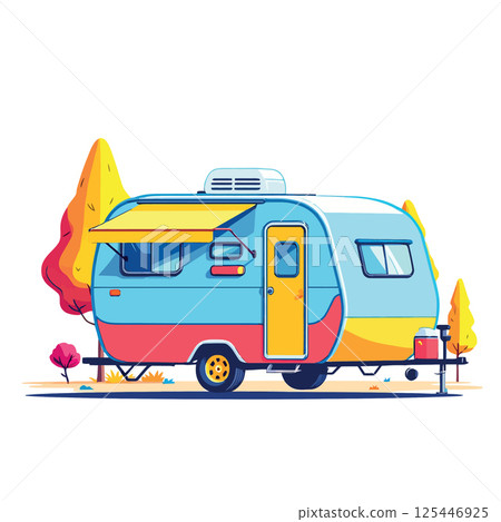 Vsai colorful camper van parked in scenic campground during autumn season Vsai colorful camper van parked in scenic campground during autumn season 125446925