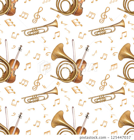 Classical music instruments and musical golden notes seamless pattern isolated background. Watercolor violin with bow, trumpet, French horn hand painted illustration concert posters, interior decor. 125447037