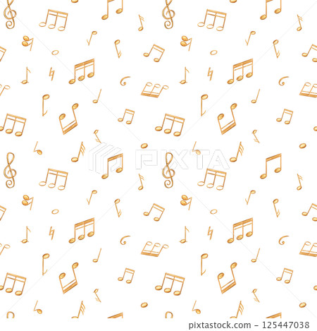 Watercolor golden yellow musical notes seamless pattern isolated background. Hand painted music symbols illustration for concert program, premium stationery, wedding invitation, festive decor 125447038