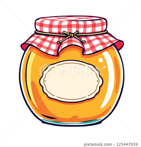 Vsai glass jar with apricot jam and empty label is waiting to be filled 125447039