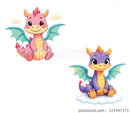 Vsai two cute cartoon dragons flying and sitting on a cloud Vsai two cute cartoon dragons flying and sitting on a cloud 125447171