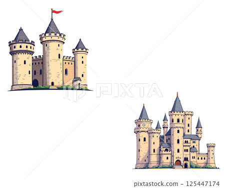 Vsai two medieval castles waving a red flag representing conquest and power 125447174