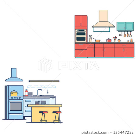 Vsai modern kitchen interior design with furniture and appliances showing cooking and eating areas Vsai modern kitchen interior design with furniture and appliances showing cooking and eating areas 125447252