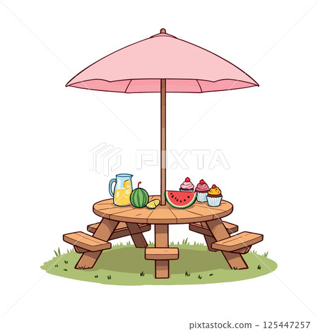 Vsai picnic table with pink parasol, lemonade, watermelon, cupcakes, and melon enjoying summer vibes 125447257