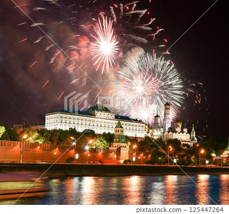 Moscow Kremlin and fireworks in honor of Victory Day celebration (WWII), Moscow, Russia-- the most popular view of Moscow 125447264