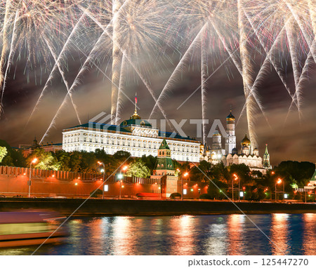 Moscow Kremlin and fireworks in honor of Victory Day celebration (WWII), Moscow, Russia-- the most popular view of Moscow Moscow Kremlin and fireworks in honor of Victory Day celebration (WWII), Moscow, Russia-- the most popular view of Moscow 125447270