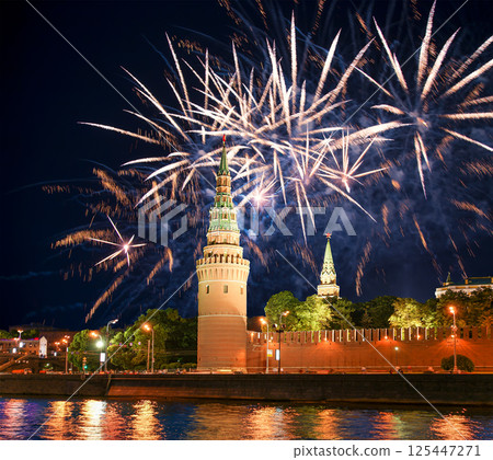 Moscow Kremlin and fireworks in honor of Victory Day celebration (WWII), Moscow, Russia-- the most popular view of Moscow 125447271