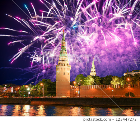 Moscow Kremlin and fireworks in honor of Victory Day celebration (WWII), Moscow, Russia-- the most popular view of Moscow 125447272