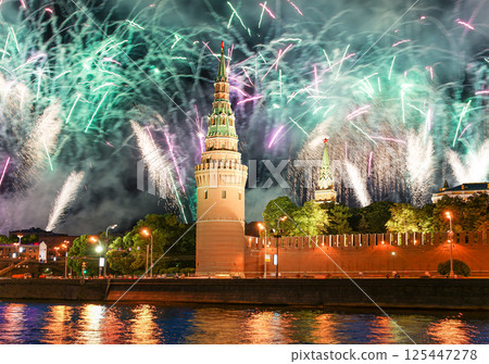 Moscow Kremlin and fireworks in honor of Victory Day celebration (WWII), Moscow, Russia-- the most popular view of Moscow 125447278